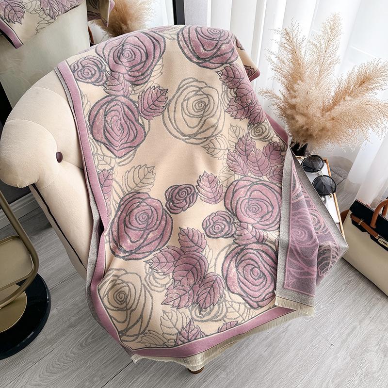 Rose Thickened Imitation Cashmere Scarf Women'S Warm Air Conditioner Shawl Outer Scarf Dual-Purpose