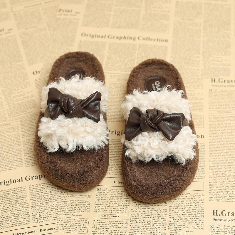 Korean Version Thick-bottomed Bag Head Bow Fluffy Slippers Women's Outer Wear 2025 New Autumn and Winter Velvet Warm Cotton Slippers