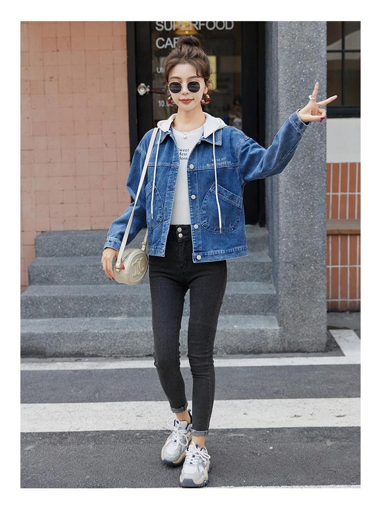 2024 Frühling/Herbst Damen Lockerer Kapuzen-Zwei-in-Eins Jeansjacke - Große Größe Studenten-Top