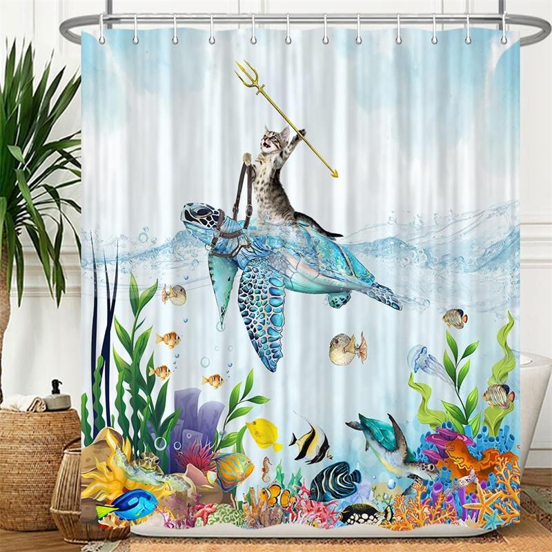 Funny Diving Cat Shower Curtain Whale Sea Turtle Seahorse Fish Coral Ocean Animals Underwater Scenery Children Bathroom Decor