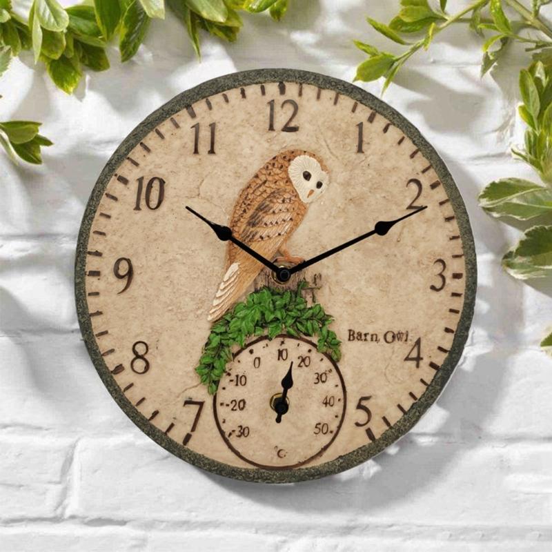 Gartenwanduhr für drinnen/draußen 12 Zoll Vintage Harzuhr mit Thermometer