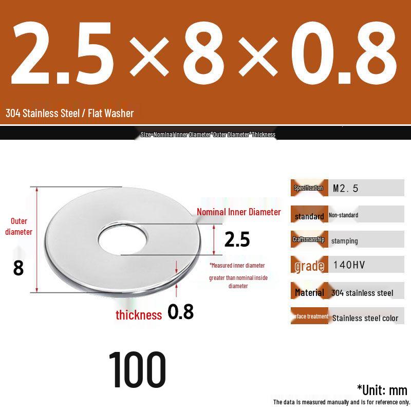 304 Stainless Steel Thickened Flat Washer Set, Sizes 2-36