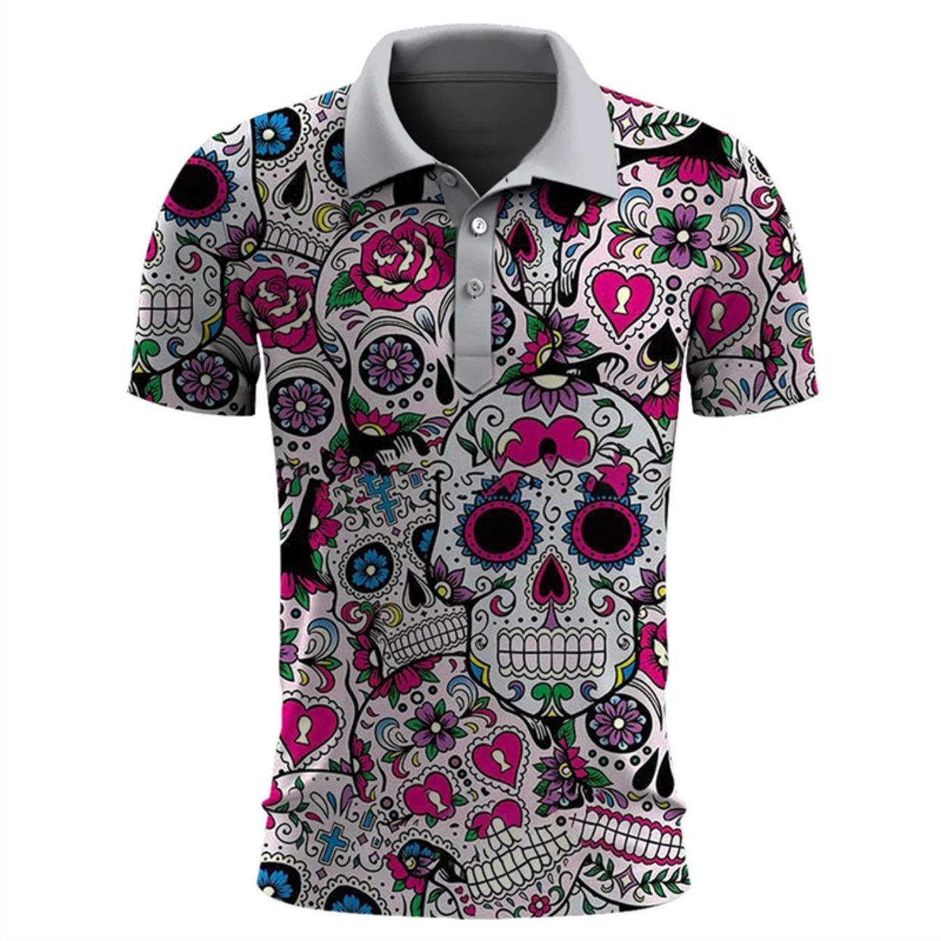 

Funny Skull 3D Print Short Sleeve Polo Shirts For Men Clothes Casual Mexico Lucky Skeleton Graphic Lapel POLO Shirt Button Tops 5XL
