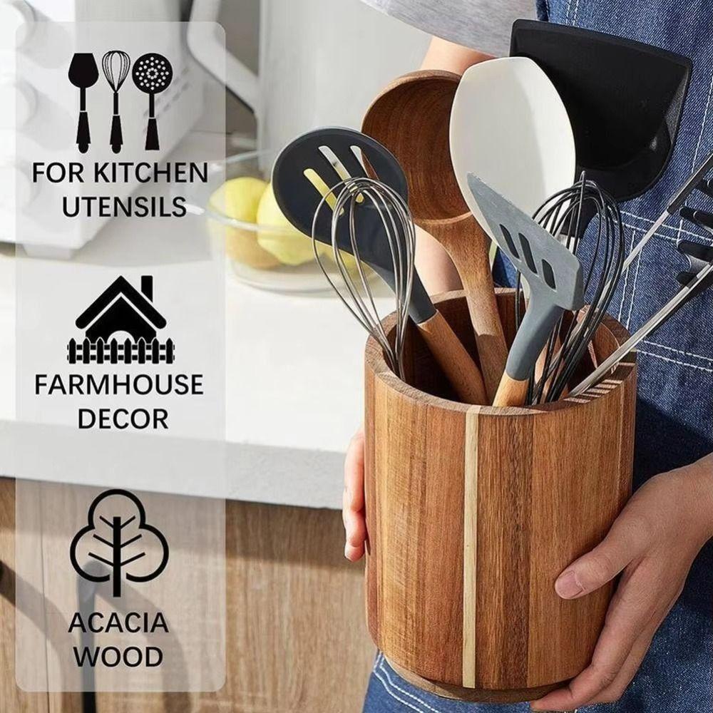 360° Rotatable Cutlery Rack Wooden Large Fork Organizer  for Dining Container