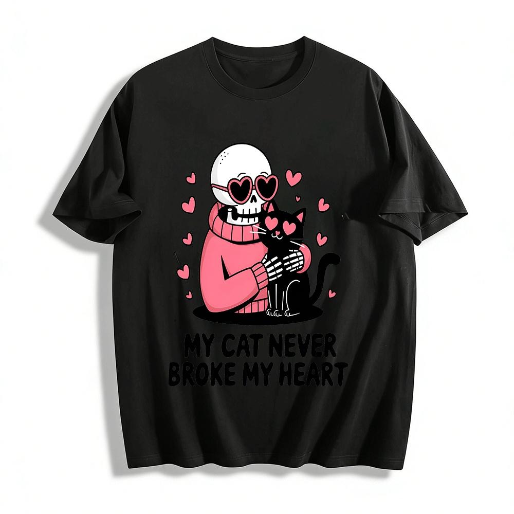 

My Cat Never Broke My Heart Skeleton Hug Cat Tee Pure cotton T-shirt XXS