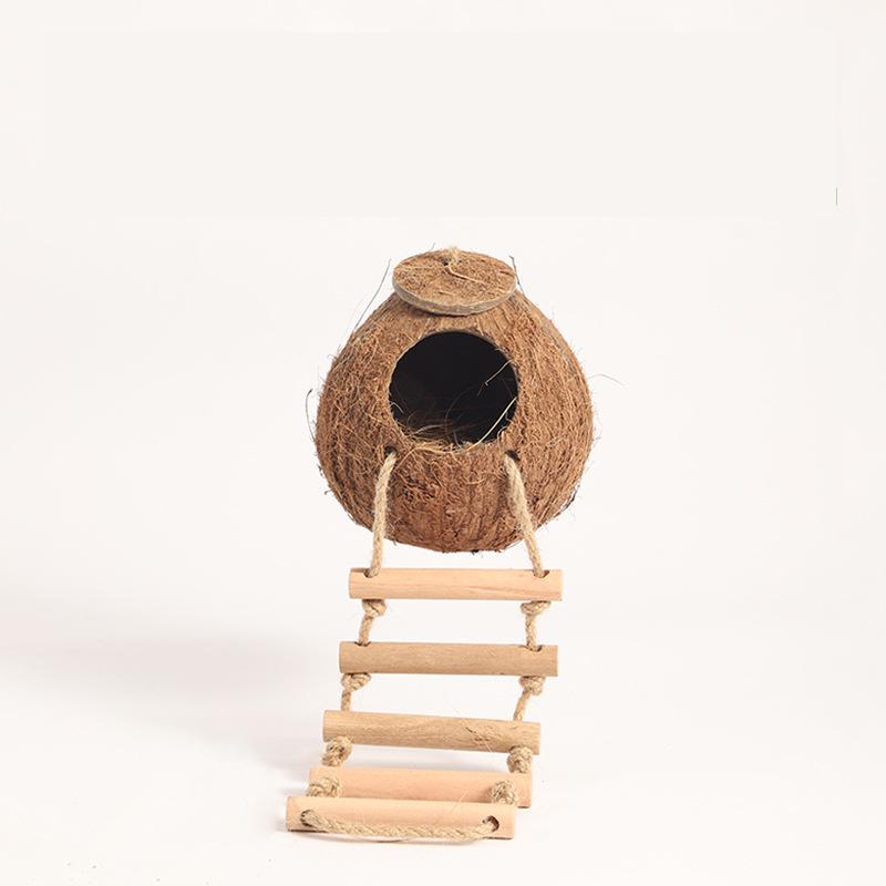 Small Animals House Pet Cage Habitats Decor Coconut Bird Nest Hut with Ladder for Parrots Parakeet Conures Cockatiel