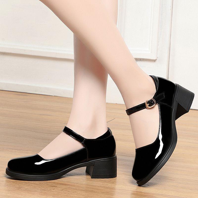 women fashion sweet black patent leather buckle strap square heel shoes lady comfort office career work pumps ab623