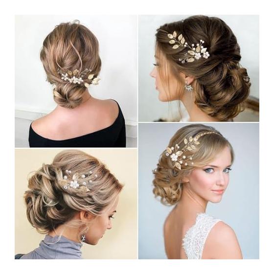 4-Piece Pearl Hair Pins Set, Gold Flower & Leaf Motif U-Pins, Handmade Wedding Headpiece, Bridal Hair Accessories for Parties, Ceremonies,