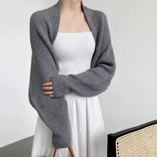 Women Knitted Cardigan Shawl Loose Bat Sleeves Solid Color Knitting Coat Short Style Shawl Coat Autumn Winter Wear