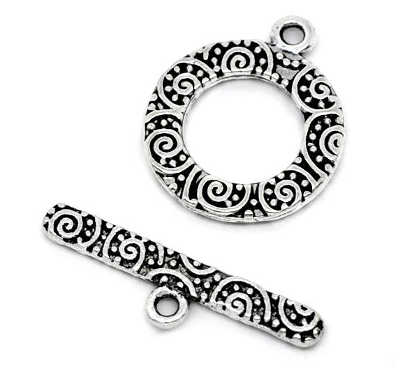 

Zinc Based Alloy Toggle Clasps Round Antique Silver Color Circle Carved For DIY Jewelry Making 19mm x 16mm 24mm x 6mm, 3 Sets 3 Set античный серебряного