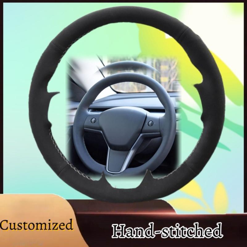ized Hand-stitched Suede Leather Anti-slip Steering Wheel CoverFor Tesla Model 3 2015- Model Y - Accessories purple Thread