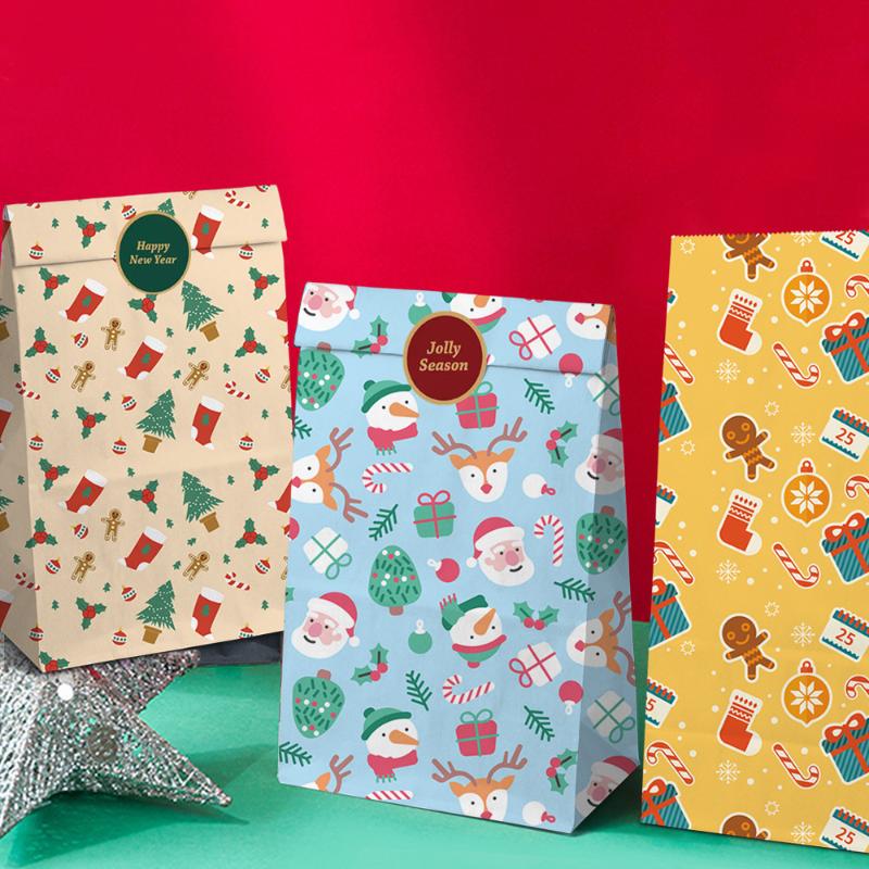 12Pcs Christmas Calendar Gift Bags Countdown Paper Bags For Holiday Party Gift Wrapping Christmas Eve Apple Packaging Bag