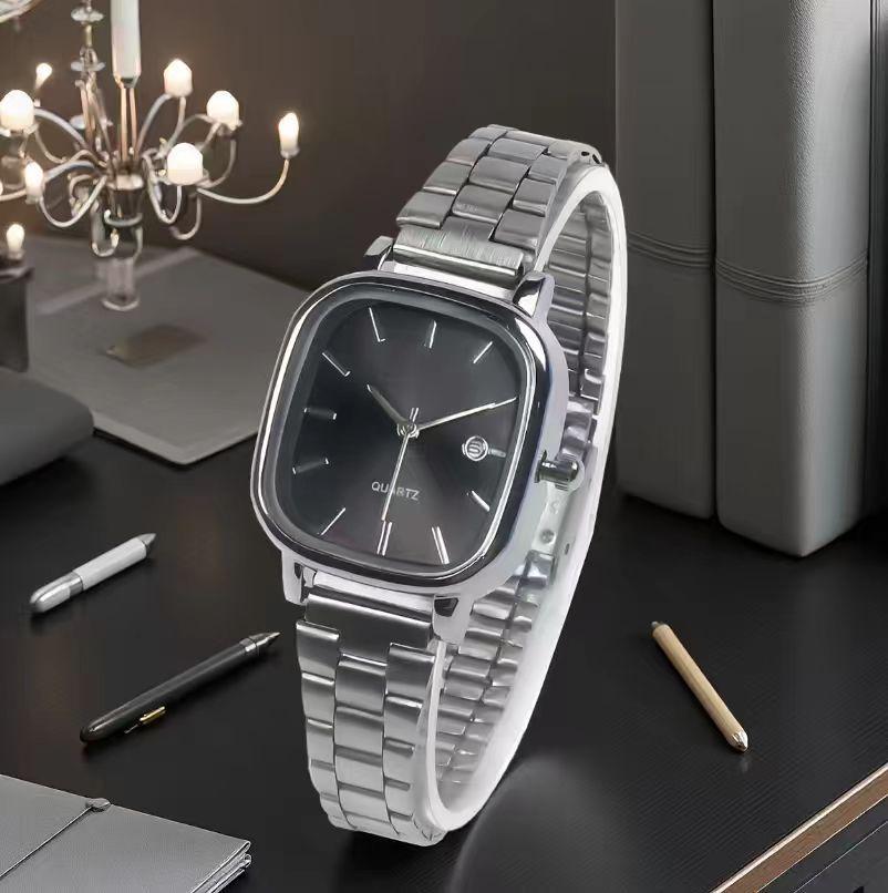 High-End Retro Silver Small Square Steel Band Watch with Calendar, Gold Brick Quartz Movement for Men and Women