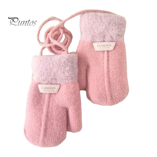 Children Mittens 1 Pair Hanging Rope Halter Thickened Fleece Lining Winter Woolen Yarn Gloves Letter Logo Solid Color Baby Knitting Knitted