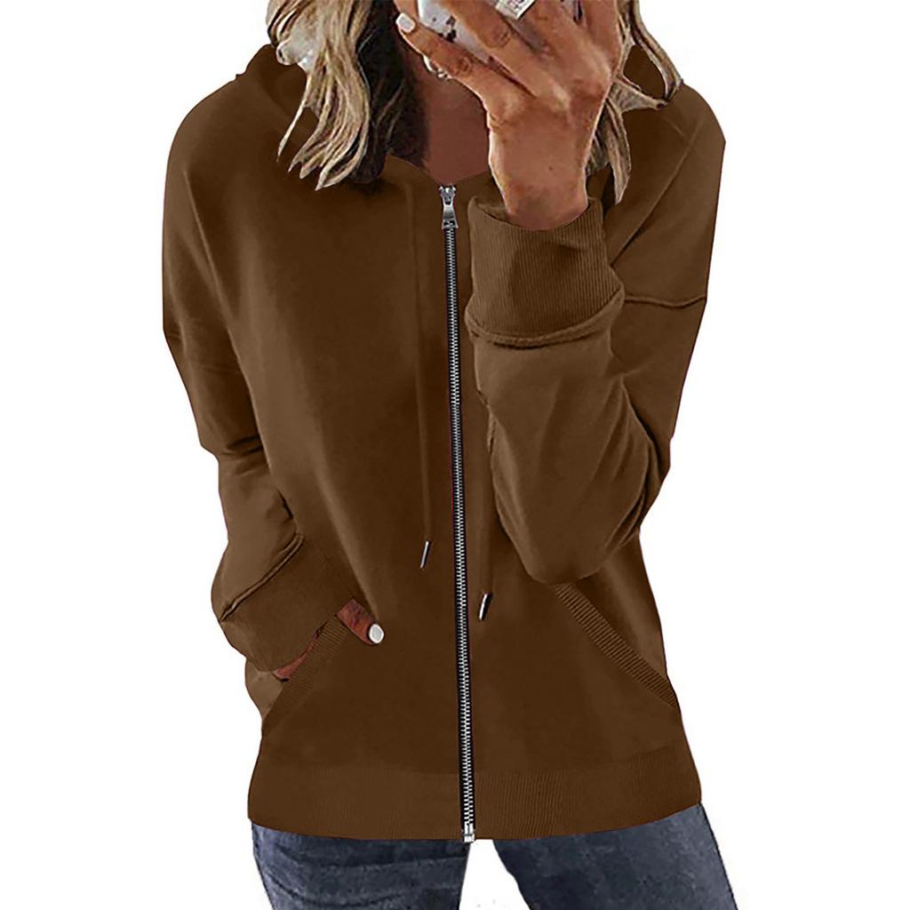 Women's Loose Fit Solid Color Zip Up Hooded Long Sleeve Sweatshirt Casual Pocket Hoodie Top