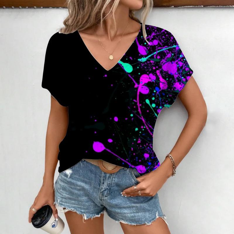 Tricou cu Imprimeu 3D cu Cerneală Stropită în Culoare Femei Streetwear Tricouri Casual Y2k Topuri Femeie Harajuku Tricouri cu Decolteu în V Haine Oversized