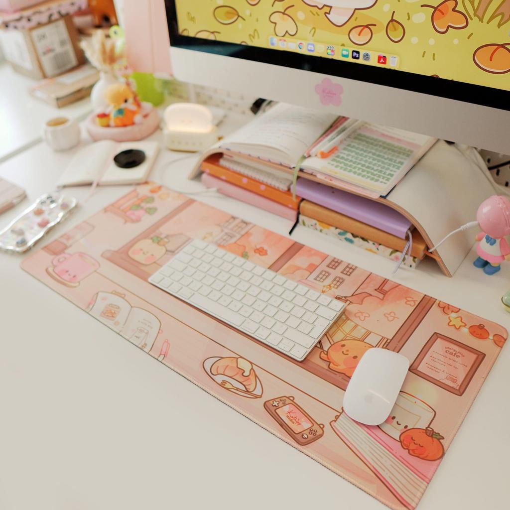Autumn Gaming Mousepad Katnipp Coffee Shop Scene Kawaii Desk Mat Women's Computer Decorative Desk Mat Cute Wrist Rest Mouse Pad
