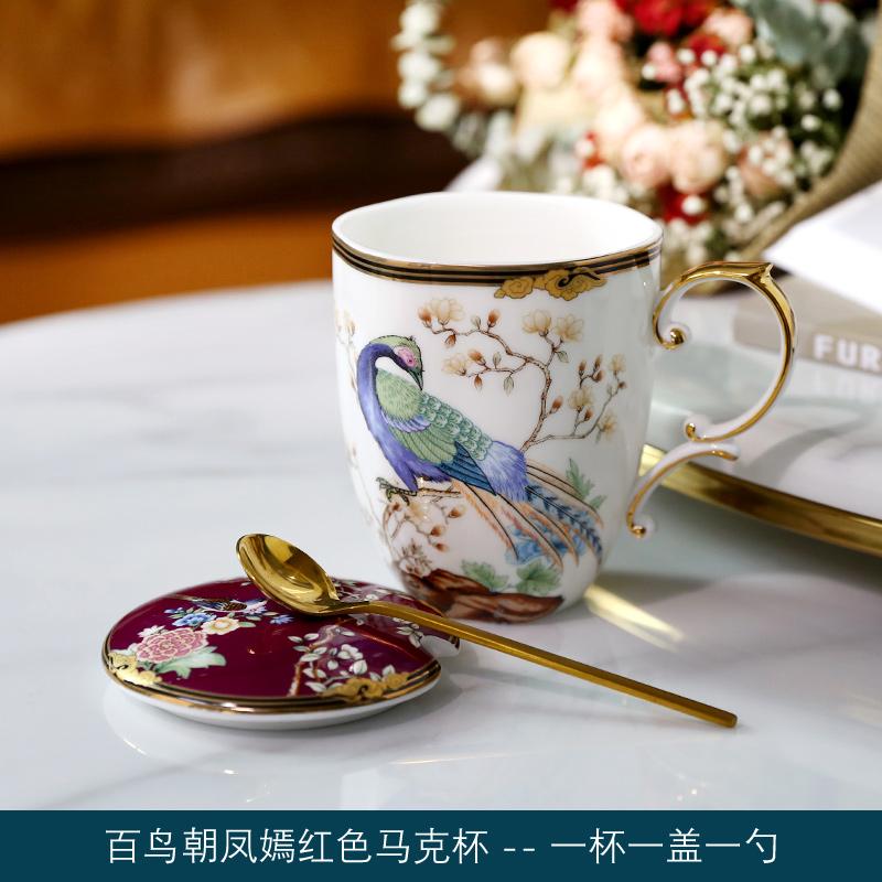 

400ml Luxury High-Grade Bone China Chinese Style Tea Cup with Lid Spoon Ceramic Flower Bird Mug drinkware Gifts 400ML