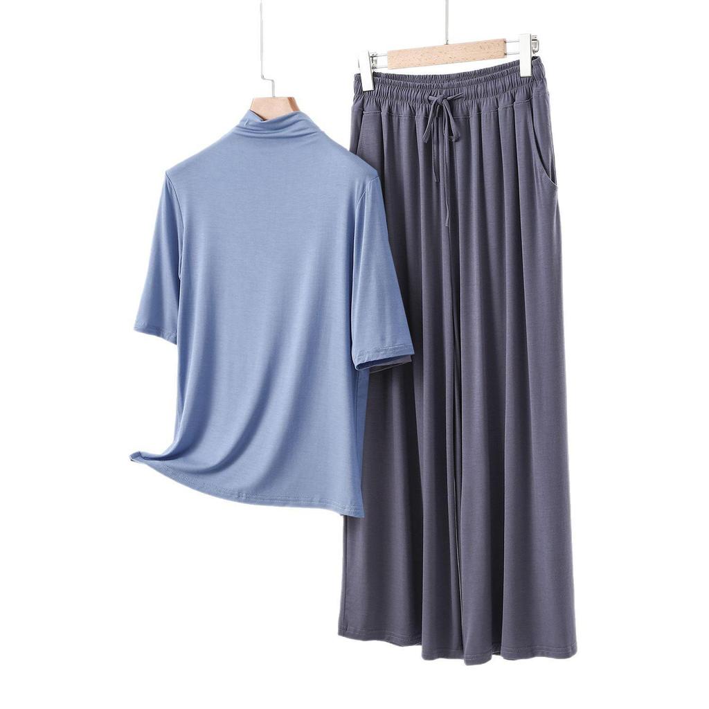 Modal Semi-High Neck Five-Sleeve Shirt & Pocket Wide-Leg Pants Casual Plus Size Two-Piece for Women
