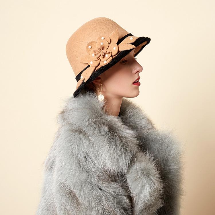 Wool Bucket Hat Ladies Autumn And Winter Leisure Basin Hat Fashion Bead Flower Felt Top Hat