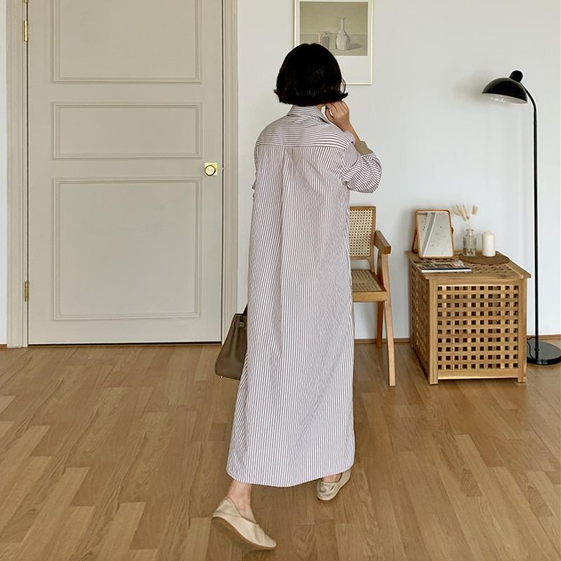 Spring and Autumn Korean Style Loose Casual Long Sleeve Striped Shirt Dress Women's Long Style Slim Dress