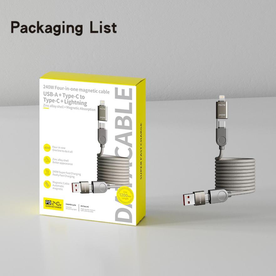 

4 в 1 240 Вт Магнитный абсорбционный нано-кабель для быстрой зарядки плетеный зарядный кабель для Apple 16 15 14 для ноутбука Huawei 4in1 серый