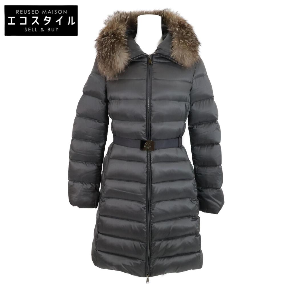 Moncler [Good condition/Domestic Regular] TINUV Belted/Fur Hoodie Down Coat O grayUsed