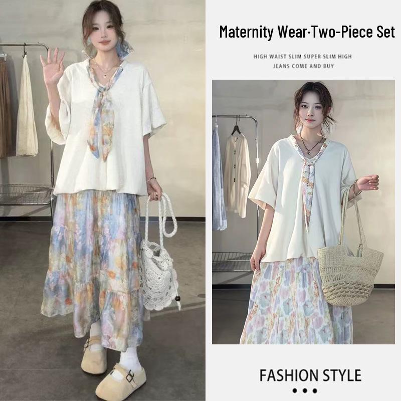 Maternity Summer Tie Blouse & Skirt Two-Piece Set for a Youthful Look Medium