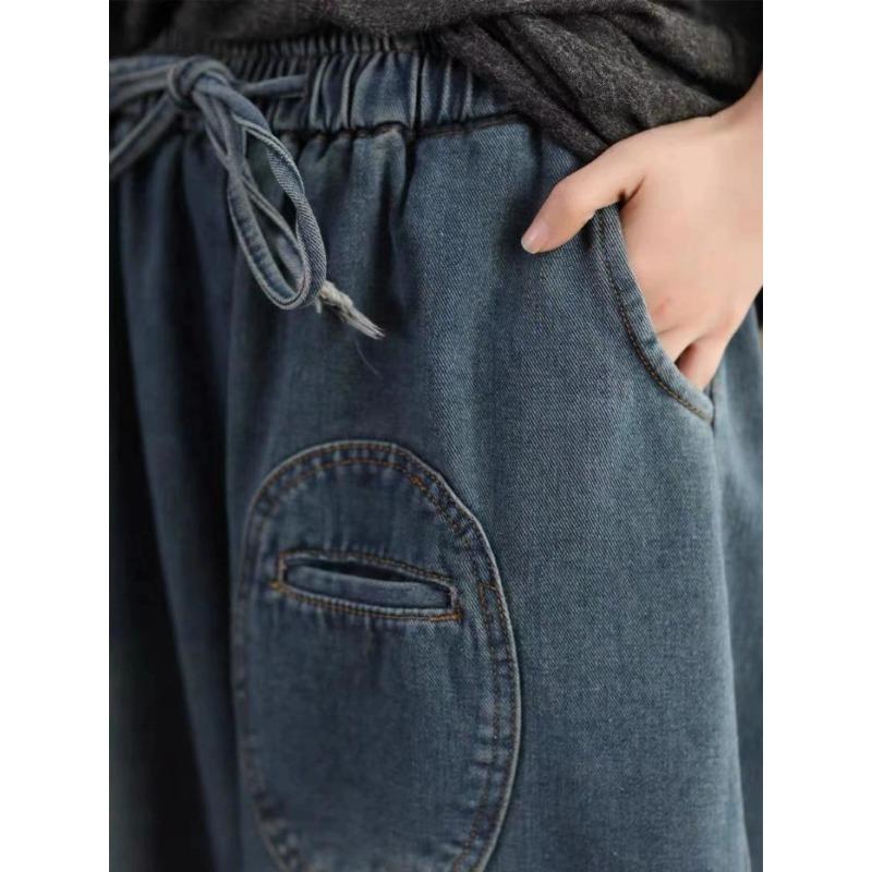 Dámské Harlan džíny Volné lampionové kalhoty Nové Elastické S vysokým pasem Kapsy Stahovací šňůrka Řepové Jednobarevné Minimalistické Ležérní Džíny