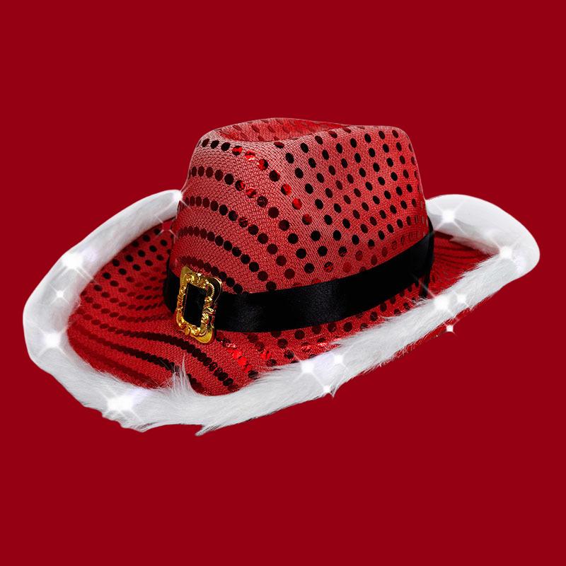 Red Sequin with White LED Light Cowboy Hat Santa Claus Black Ribbon Gold Buckle Western Top Hat with Light Hat