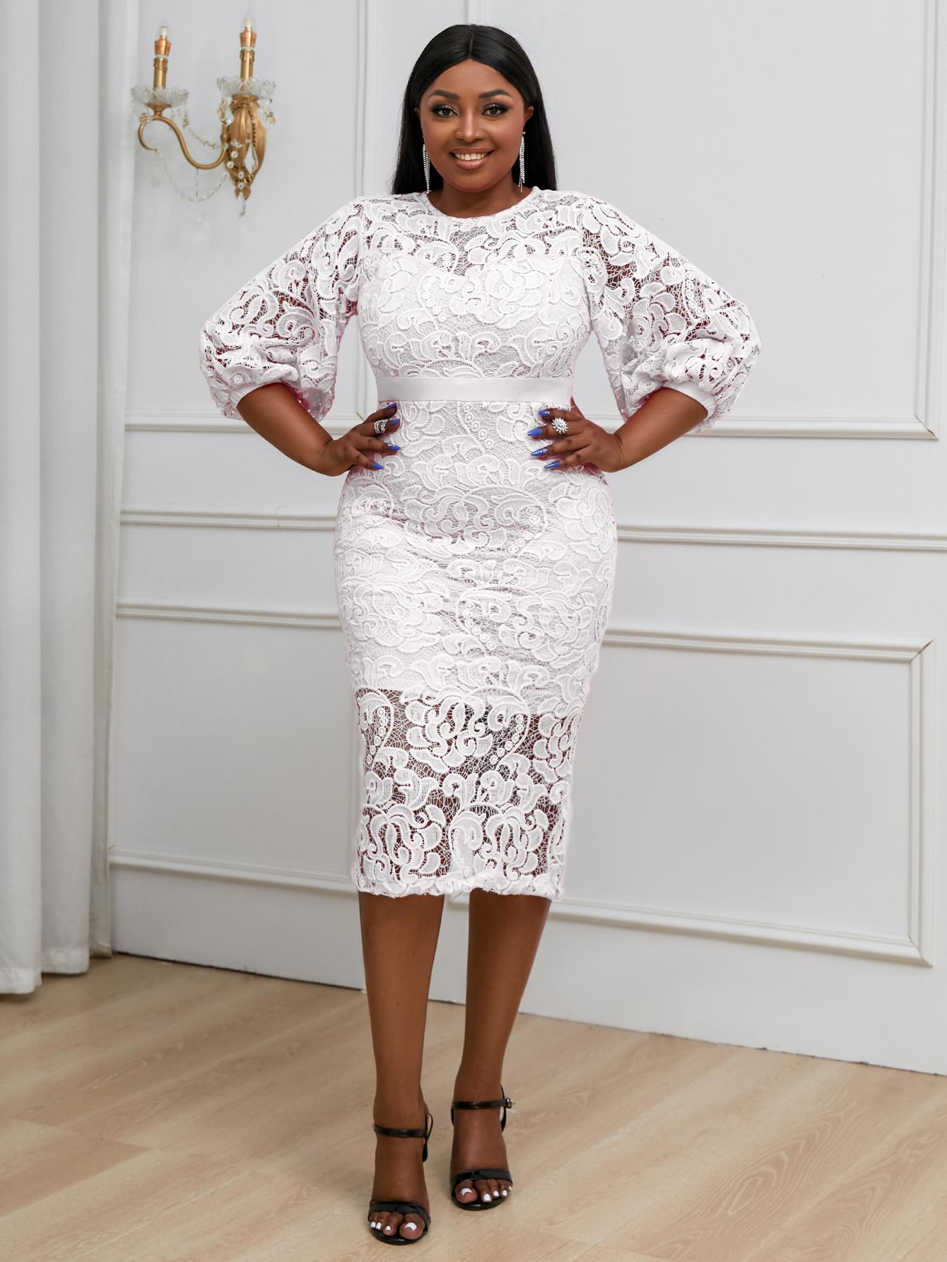 

AOMEI шикарные розовые платья для женщин, облегающее платье с круглым вырезом и рукавами 3/4, ажурное кружевное платье, свадебное платье для гостей, Клубная вечеринка, наряды подружки невесты M белый