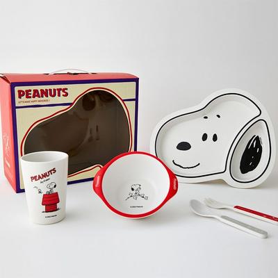 BoFriends Snoopy Bamboo Bamboo Childrens Tableware Plate Plate + Bowl + Cup + Spoon + Fork Set, Mixed Colors, 5 Types, Popular Korean Parenting Items