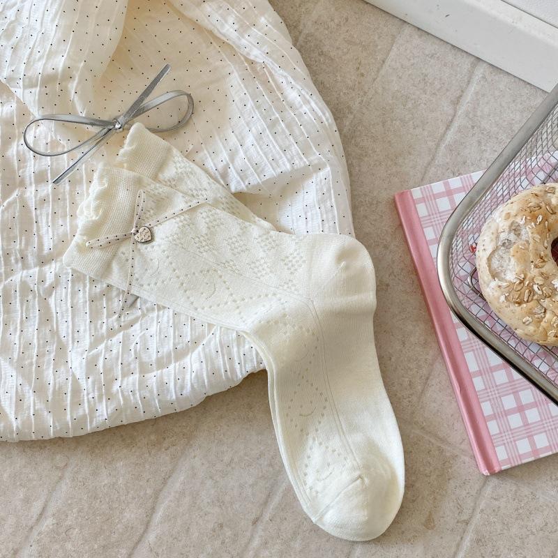 Cream White Hollow Breathable Cotton Ruffle Bow Calf Socks Kawaii Jk Lolita Daily Party Dress Accessory Women Socks