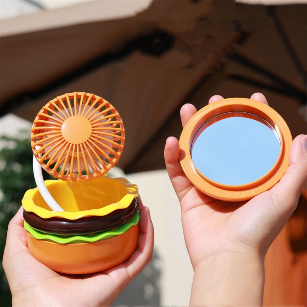 Rechargeable Hamburger Mini Fan, Creative Cute Toy Fan with Mirror, 3-Speed Mode, Small Gift for Family and Friends in Summer.
