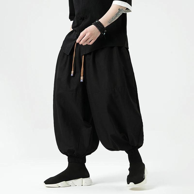 

2026 Summer Men Black Wide Leg Pants Men Dark Wind Solid Color Casual Pants Japanese Style Harun Pants Men Cotton Linen Lantern Pants 4XL чорний