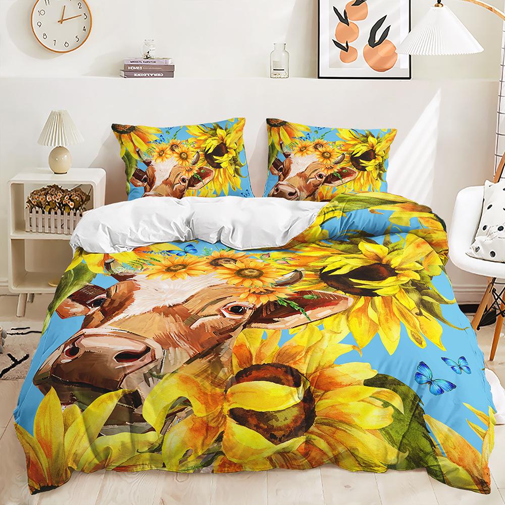 Quilt Cover Idyllic Sunflower Cow Pillowcase Digital Printing Bedding Three-Piece Batch