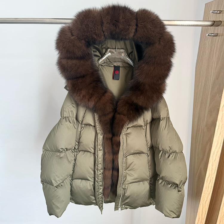 Winter new fox fur collar hooded white goose down jacket women's short loose thickened warm fur jacket