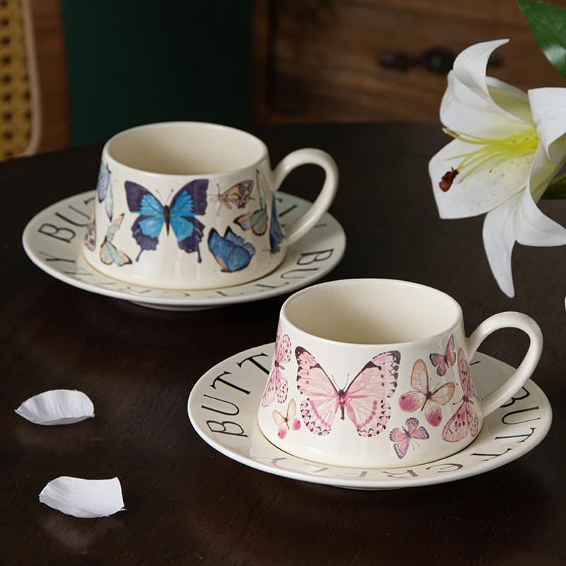 High Value Butterfly Coffee Cup Saucer Set Ceramic Mug Girl Drinking Water Cup Luxurious High End Souvenir