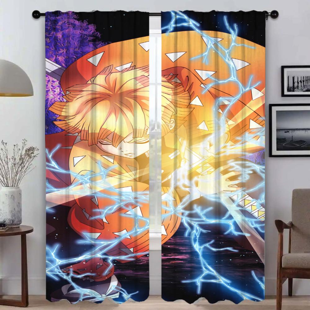 Demon Slayer Elegant Room Curtains for Living Room Halloween Decoration Home Interior Curtains 2 Pieces Tulle for Bedroom Shades