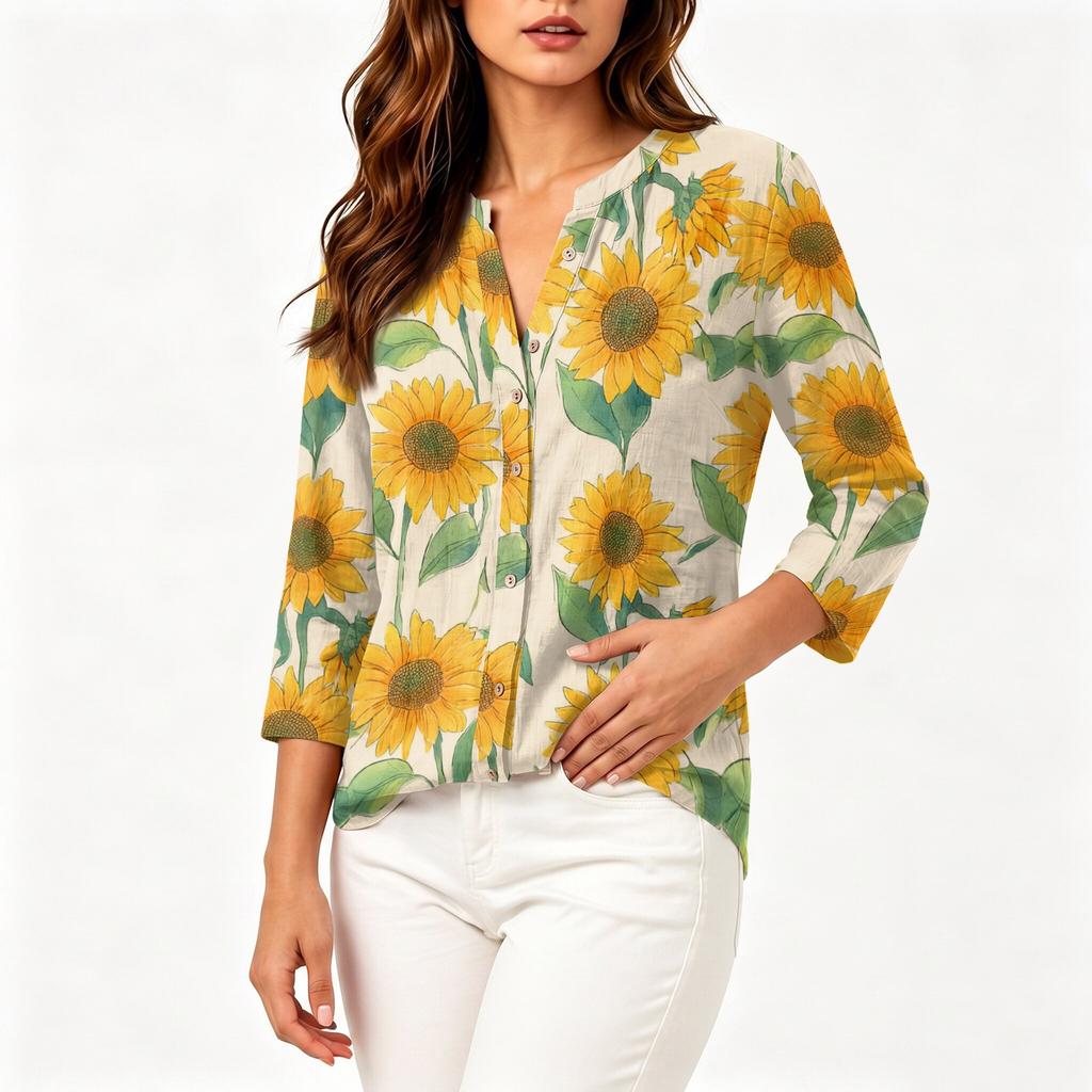 Women's Vintage Floral Print Henley Collar Button Front Three Quarter Sleeve Cotton Linen Shirt Casual Loose Fit Blouse