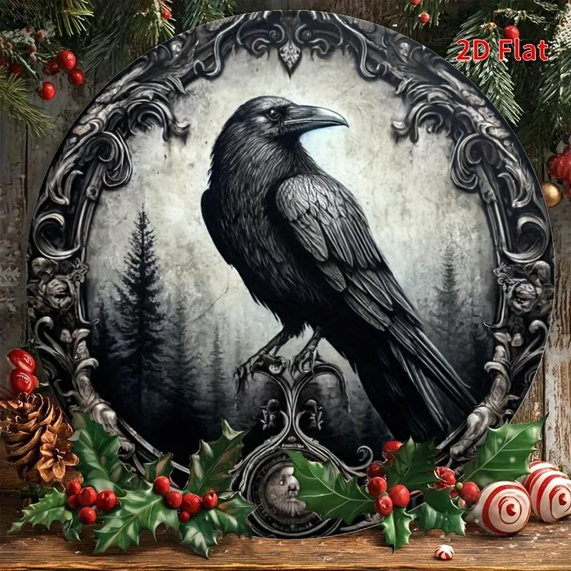 Vintage Crow Wreath Round Aluminum Sign