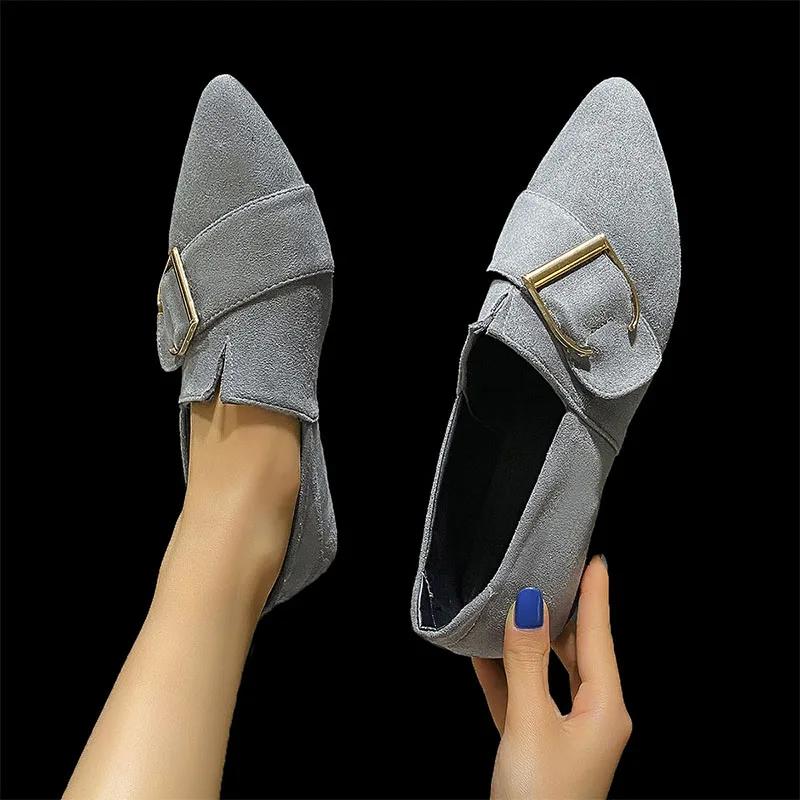 Fashion Women's Flats Shoes Black Velvet Office Lady Pumps Fashion Pointed-toe Belt-buckled Thin Shoes Large Size Loafers Casual Shoes