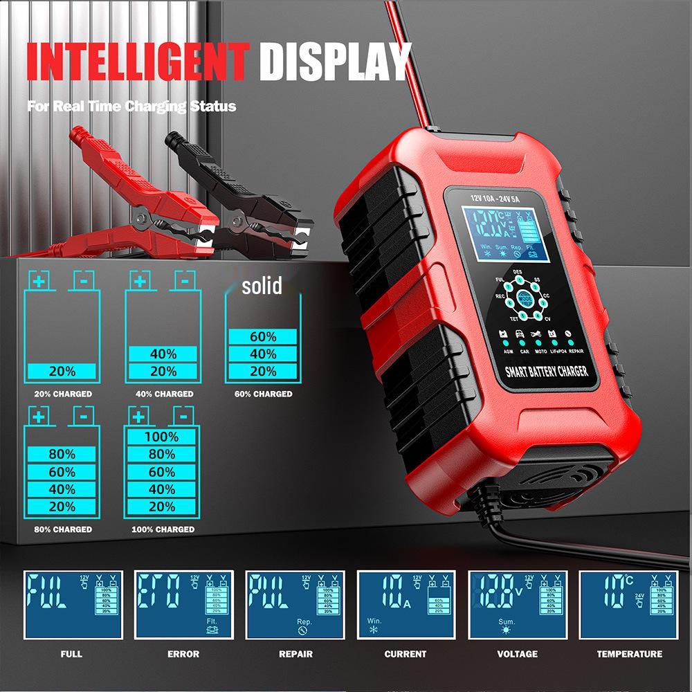 12V/24V 10A Multifunction Smart Charger for Motorcycle, Car & Van Repair