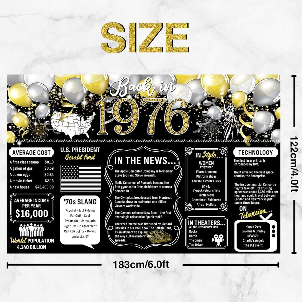 50th Birthday Black Gold Party Decoration Back In 1976 Backdrop Large Banner Birthday Party Poster Supplies Vintage 1976 Photography Background for