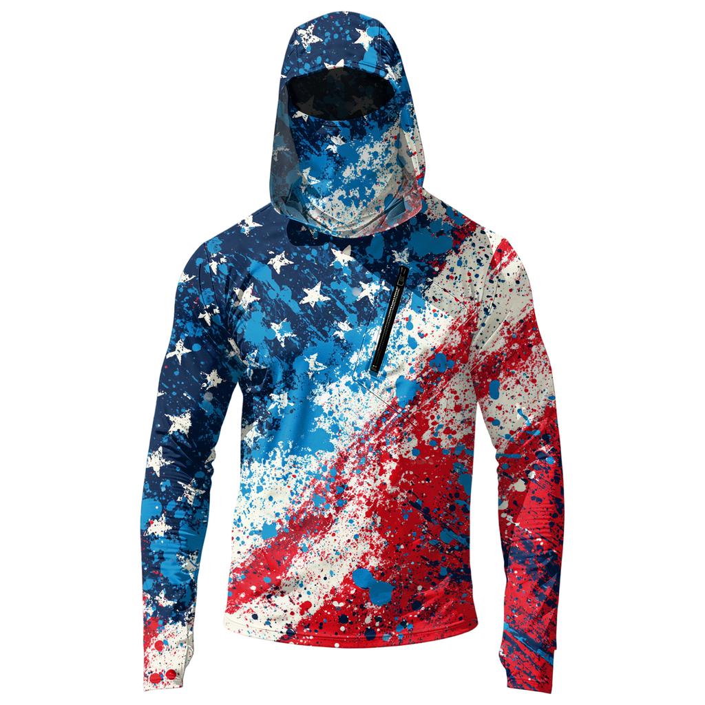 Men’s Casual Hooded Long Sleeve Sun Protection Top with Independence Day Print Lightweight Pullover for Outdoor Activities