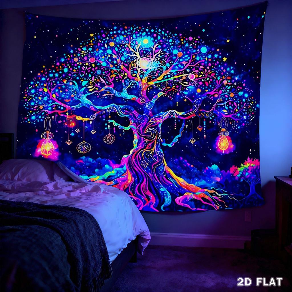 2D Flaches UV Neon Baum Hintergrund Banner - Leuchtende Ornamente & Sternenhimmel Anime Wandteppich, Polyester Foto Hintergrund für Schlafzimmer (Kostenlose Installation)