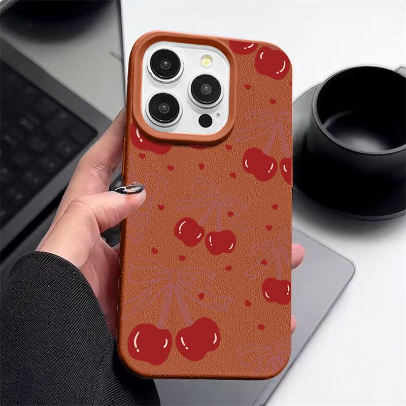 Leather Texture TPU Soft Phone Case For iPhone 16 Pro Max 15 Pro 14 13 12 11 Bowknot Cherry Print Slim Shockproof Matte Bumper Cover