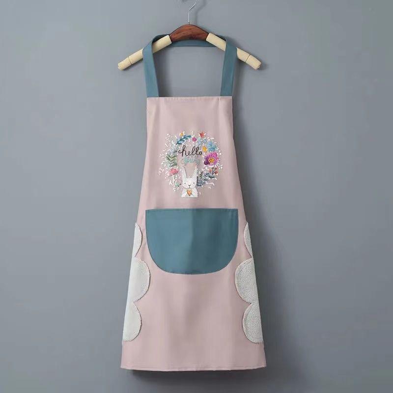 Waterproof & Stain-Resistant Coral Fleece Kitchen Apron - Wreath Rabbit Design, Halter Neck, Korean Style Cartoon.