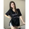 American Retro Letter Print Irregular Hem Loose Short Sleeve V-neck T-shirt Tide