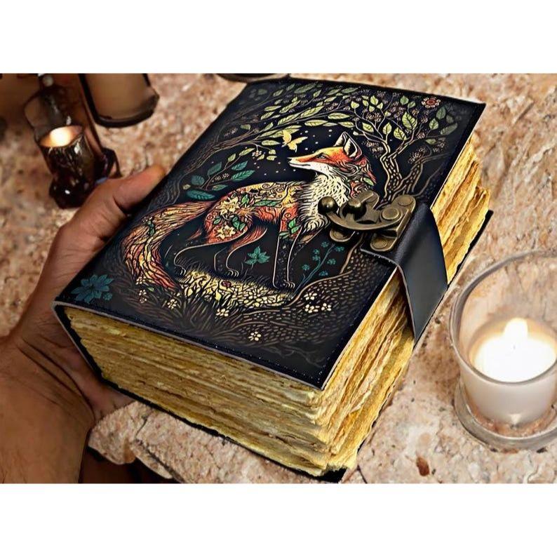 Fox Leather Grimoire •  Handmade Spellbook • Rustic Animal Journal & Gift for Him